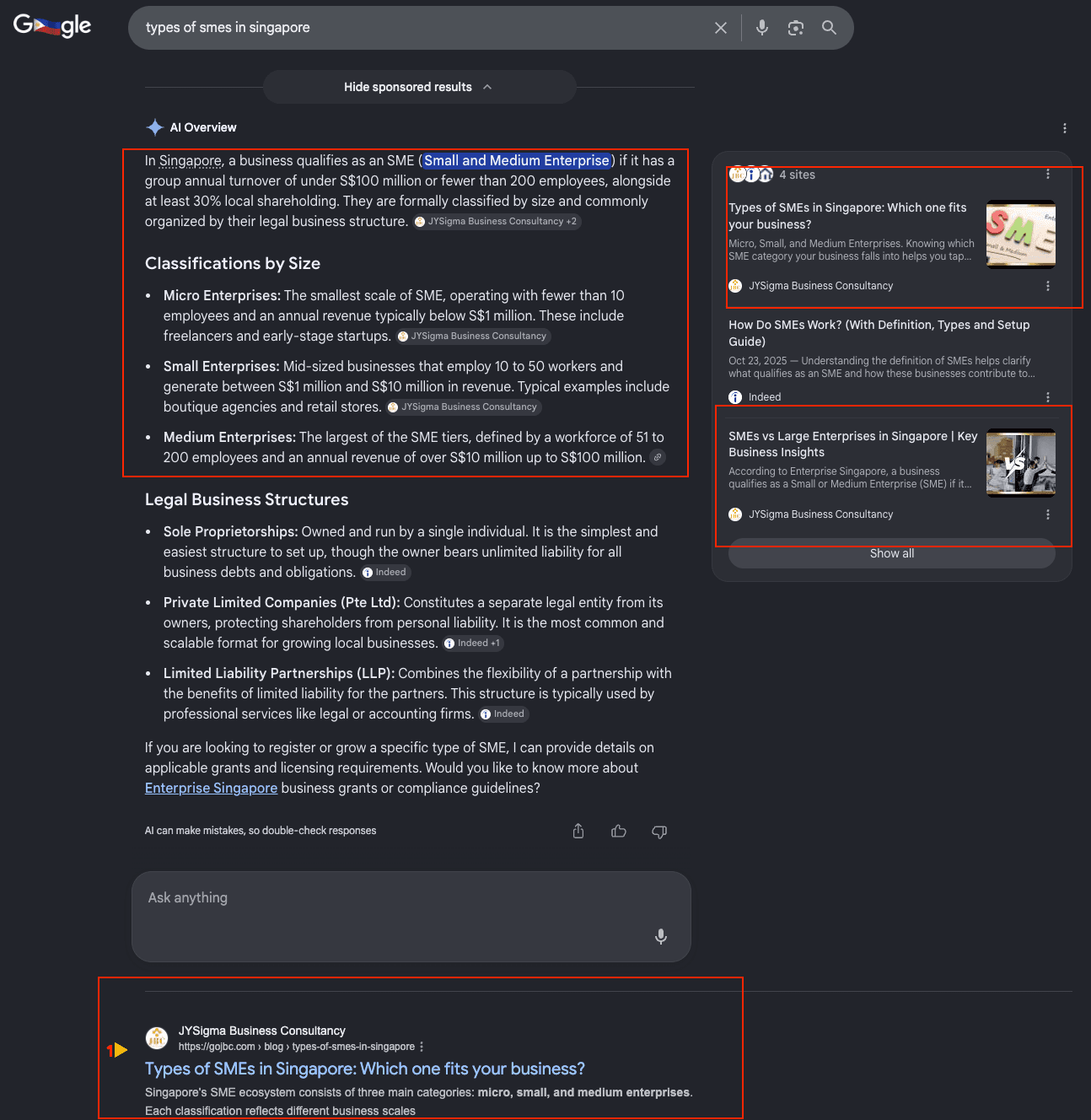 JYSigma Business Consultancy appearing in Google AI Overview and organic search results
