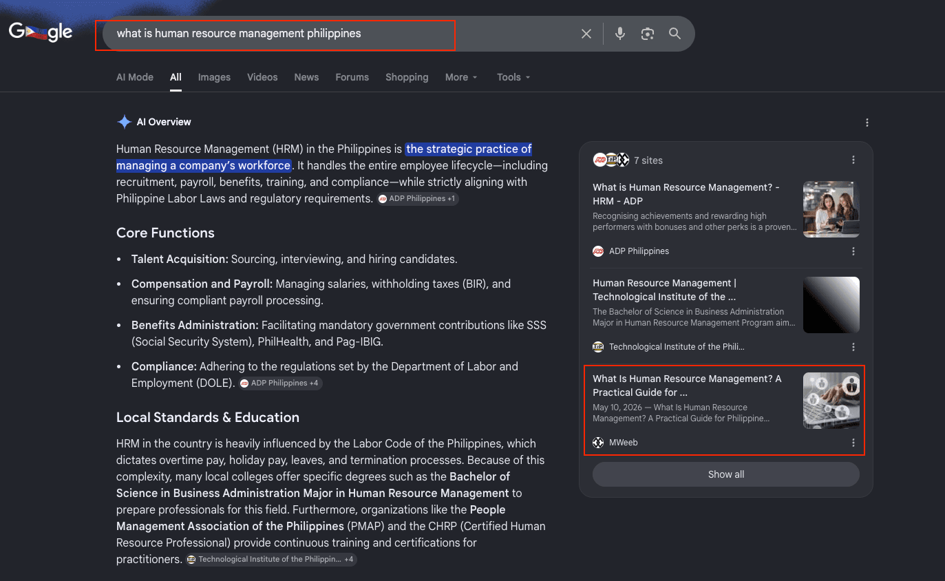 MWeeb appearing as a cited source in Google AI Overview