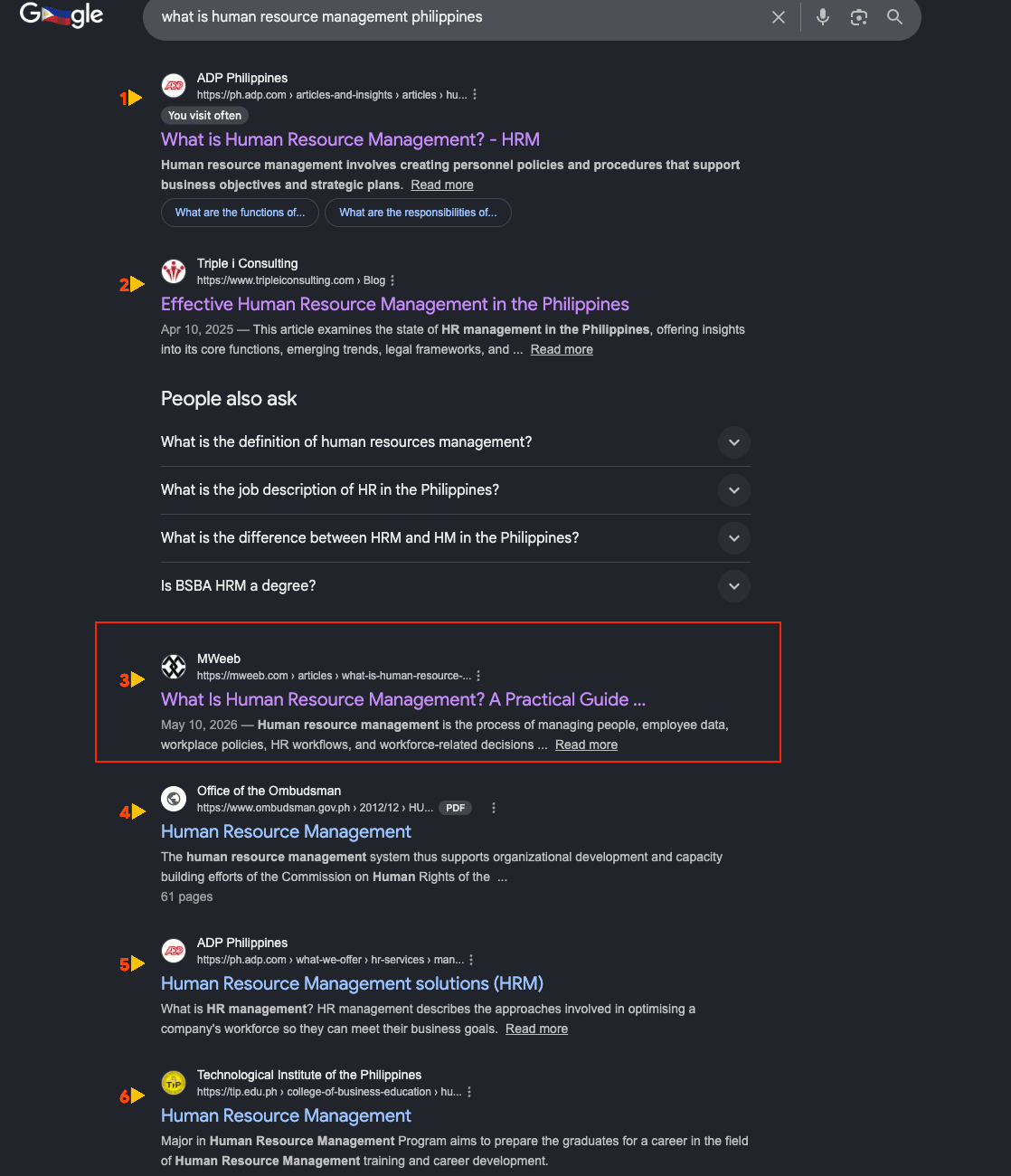 MWeeb ranking in the top Google organic search results