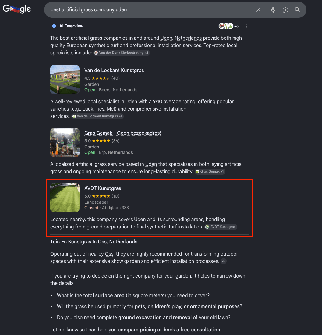 AVDT Kunstgras appearing in Gemini local AI search results