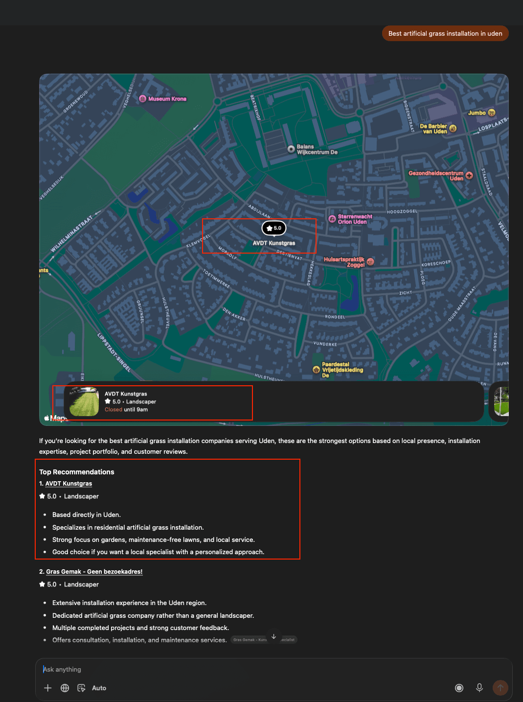 AVDT Kunstgras recommended in ChatGPT local search results