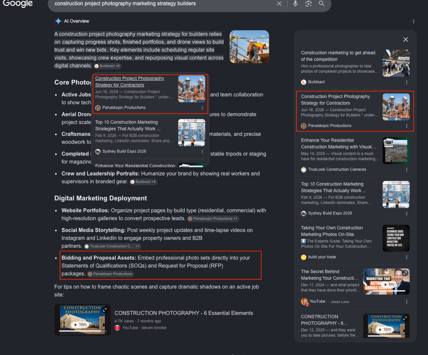 Panaskopic Productions appearing in a Google AI Overview for construction project photography marketing strategy